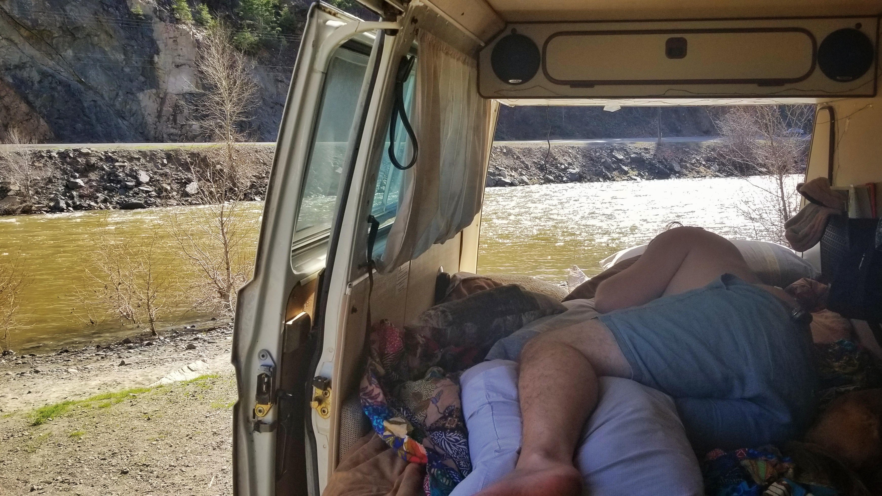 vanlife, van life, camper, nap, river, nature, road trip, roadtrip