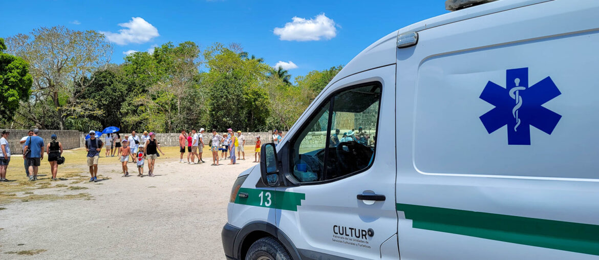 ambulance helping person with heat stroke at chichen itza