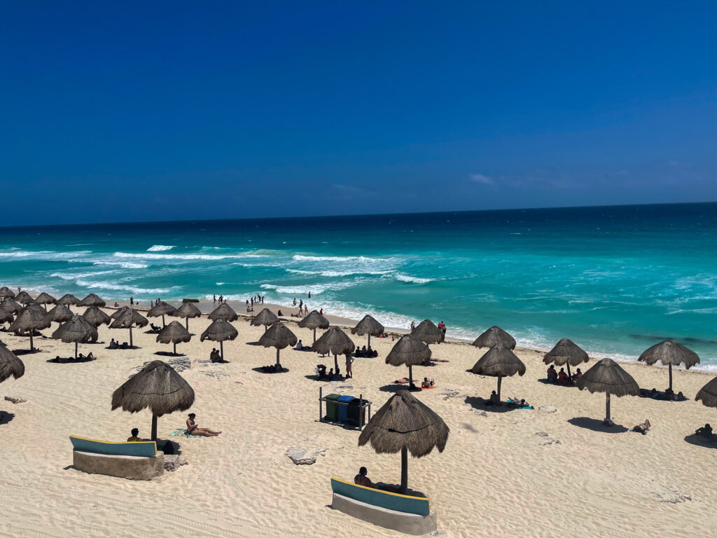 beach with canopies