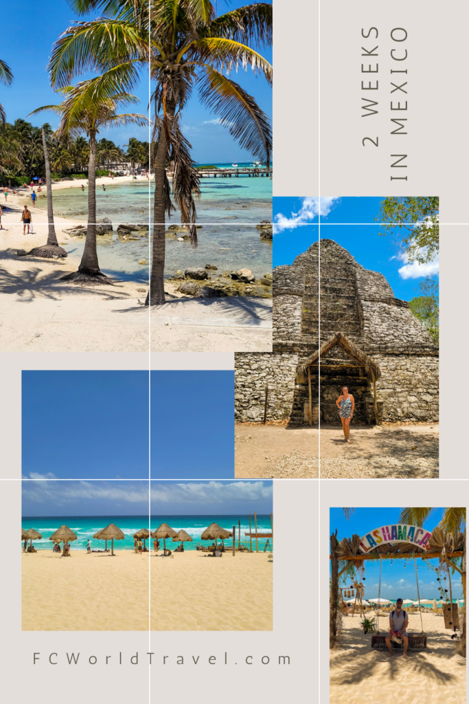 A collage of photos from a 2 week Mexico trip. Showcasing crystal clear waters of the Caribbean and white sand beaches and the Coba ruins and Isla Mujeres some of the best islands in Mexico.