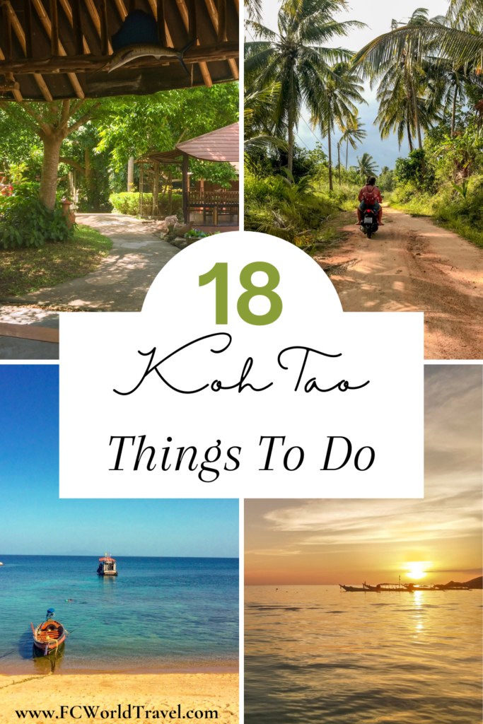 A collage of photos showcasing the best things to do in Koh Tao Thailand including walking in the jungle, scootering, visiting the beach and snorkeling and watching the sunset over the ocean