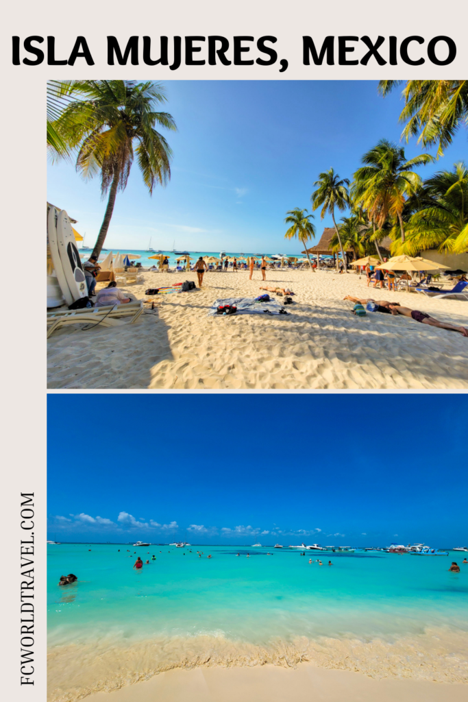 A collage of photos from the Mexican island Isla Mujeres. White sand beaches of Playa Norte and the crystal clear turquoise water of the Caribbean Sea. Palm trees line the beach with sun bathers, snorkelers, and catamaran cruises along the water.