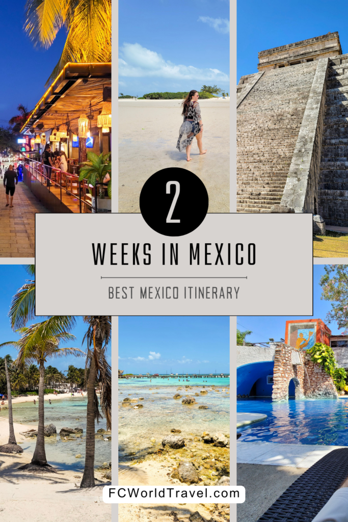 A collage of photos showcasing the best of Mexico. From Cancun nightlife, Playa del Carmen Quinta Ave, the best beaches in Mexico, Chichen Itza and other mayan ruins and all inclusive resorts pools.