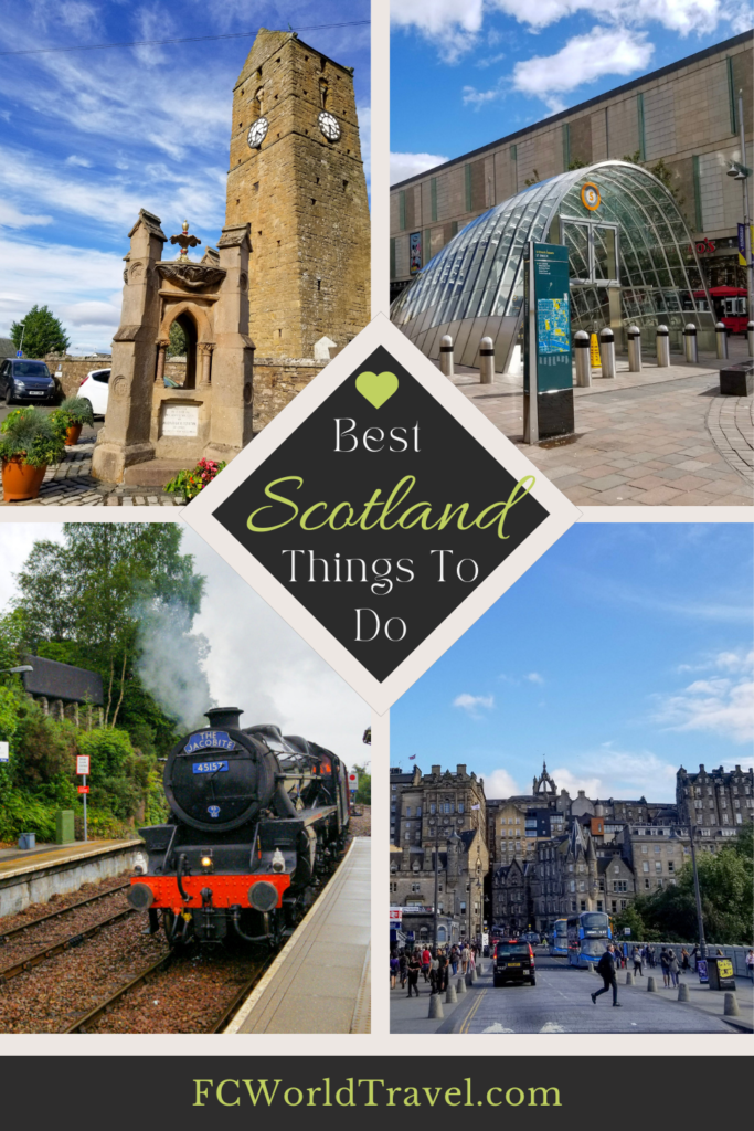 A collage of the best things to do in Scotland including the Hogwarts Express, downtown Glasgow, an old castle in Scotland and downtown Edinburgh